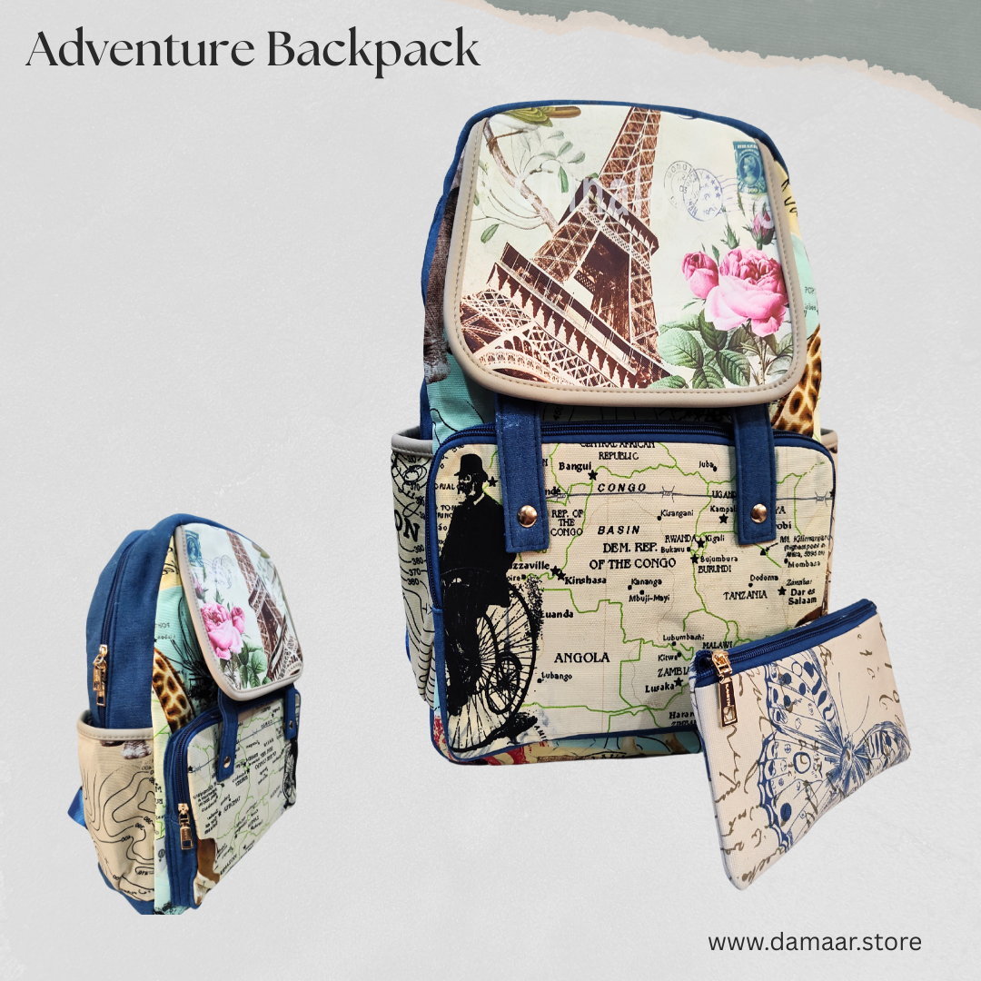 Adventure and Floral Backpack | Denim-Look Polyester Bag | With a Pencil Pouch