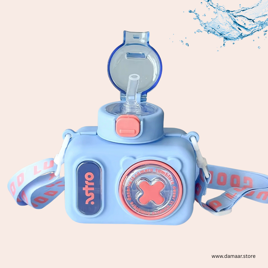 Cute Camera Water Bottle | 600 ML Capacity | Adjustable Shoulder Strap | Beautiful Colour | Gift for Kids