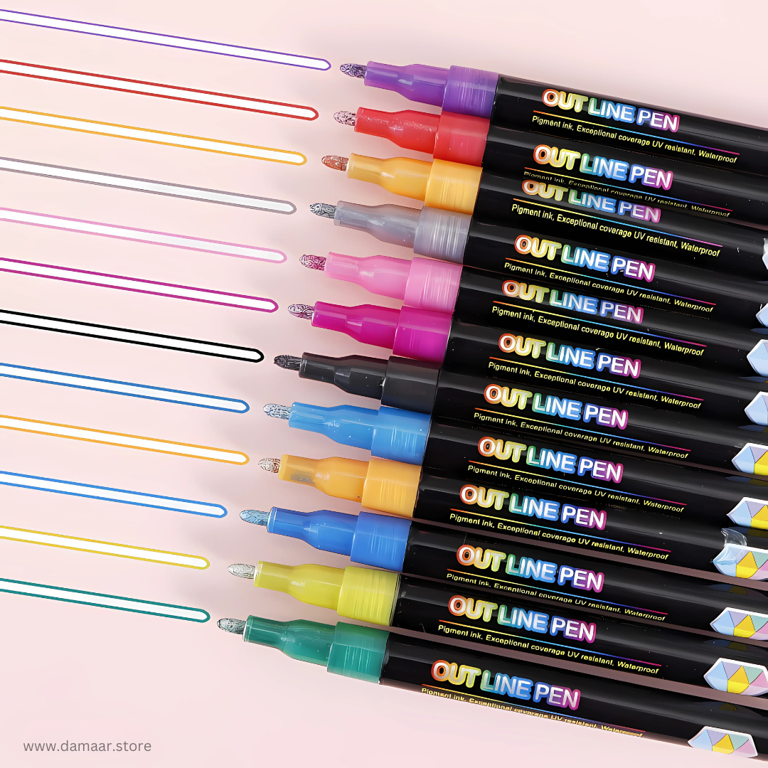Outline Colour Pen | Double line - Metallic Glitter | Pack of 12 Colours | Art & Craft