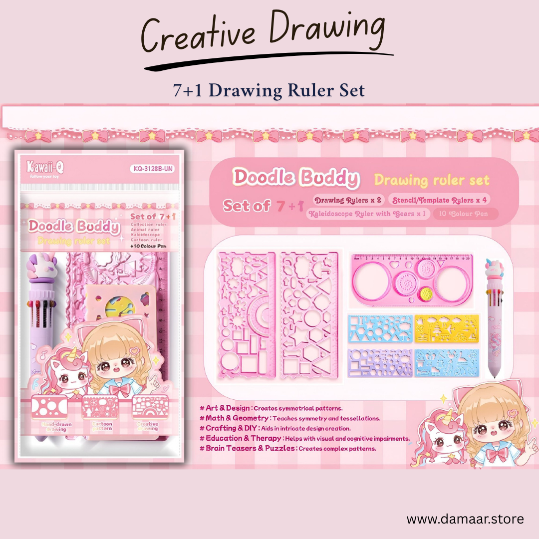 Doodle Buddy Drawing Ruler Set | Doodle Ruler | Variety of Design | 7+1 Set | 10 in 1 Colour Pen | Colourful