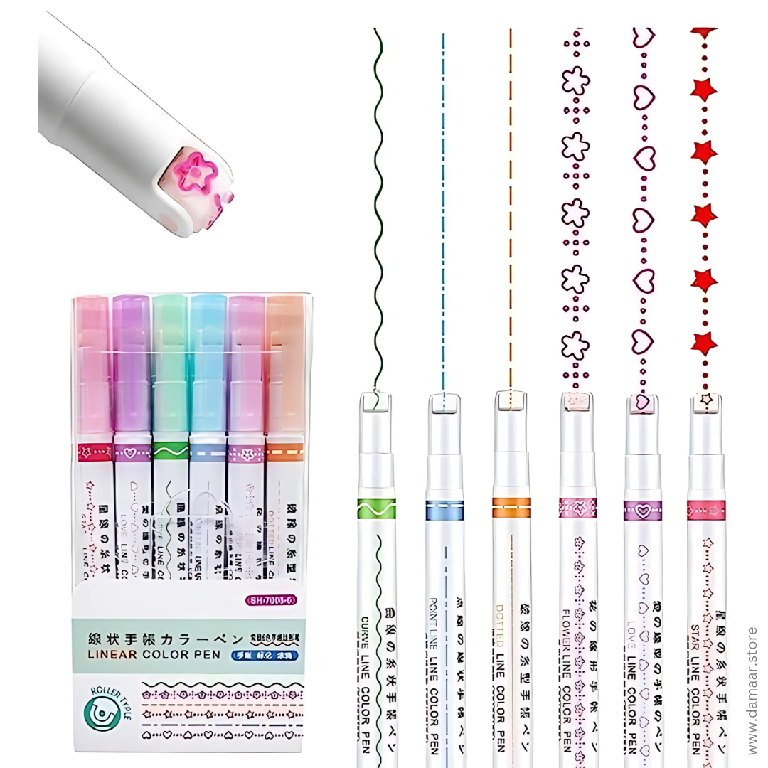 Multicolor Linear Roller Pen | 6 Styles - 6 Colours Pack