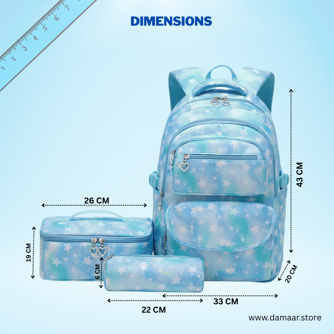 Starlight Backpack | School Bag | 3 pcs set with Thermal Lunch Bag & Pencil Pouch | Spacious