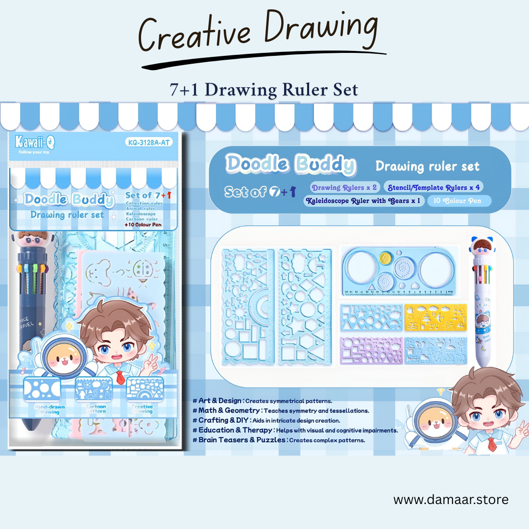 Doodle Buddy Drawing Ruler Set | Doodle Ruler | Variety of Design | 7+1 Set | 10 in 1 Colour Pen | Colourful