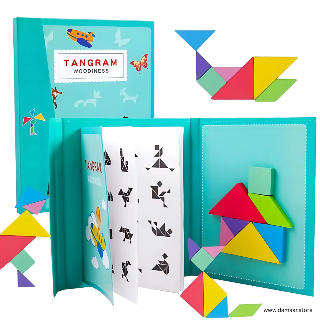 Magnetic Tangram Woodiness | Educational Puzzle | Brain Booster | Geometry Thinking | Child 3 years & Above | Random Colour