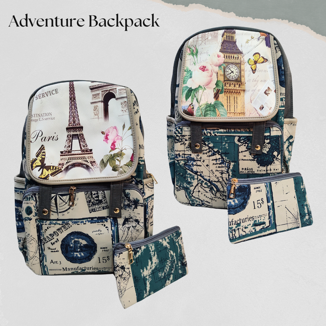 Adventure and Floral Backpack | Denim-Look Polyester Bag | With a Pencil Pouch
