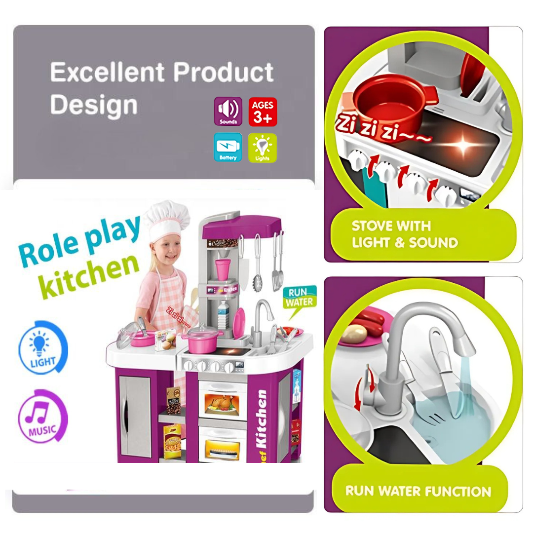 Little Chef Kitchen Play Set | With Light and Music | Wide Storage | Attractive Tableware | Kids Aged 3+