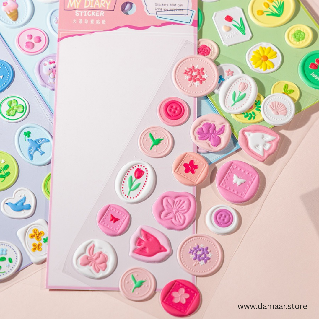 Seal Stamp Stickers | 3D Puffy - PVC | Pack of 6 Different Design | 108 Stickers | Many Styles