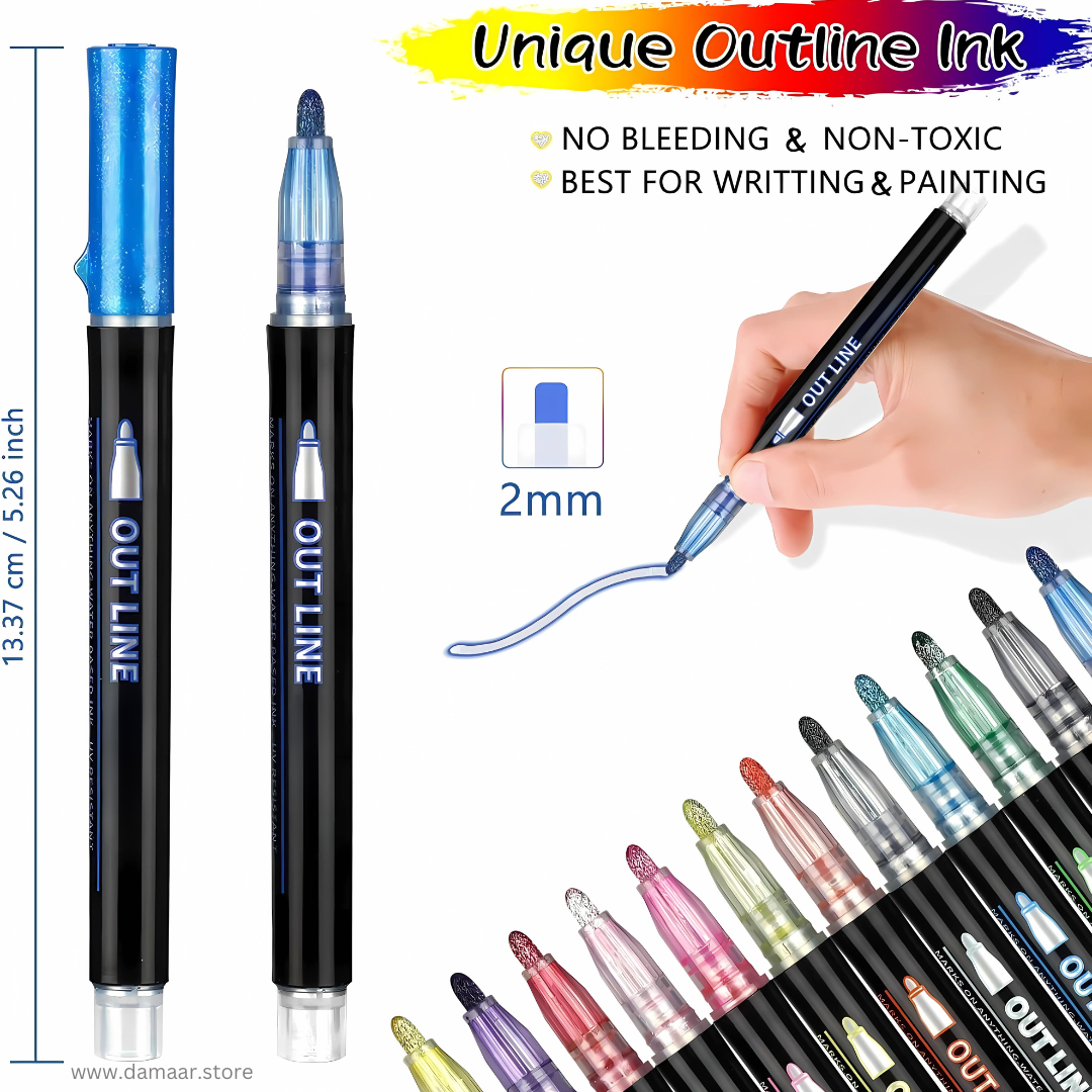 Outline Colour Pen | Double line - Metallic Glitter | Pack of 12 Colours | Art & Craft