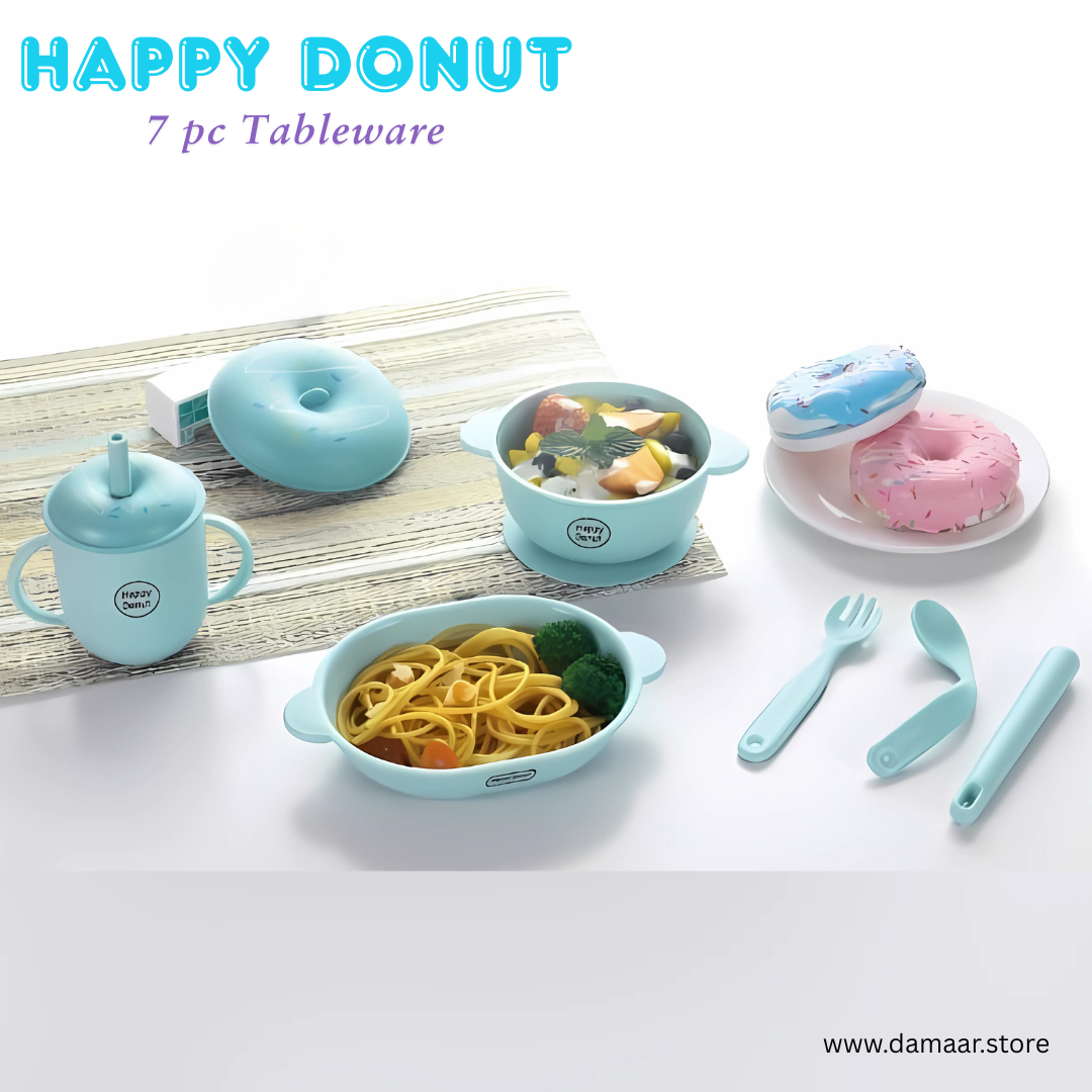 Happy Donut Tableware Set | 7 pc Set | Everyday Use for Toddler | No More Messy with Anti Slip Suction Cup