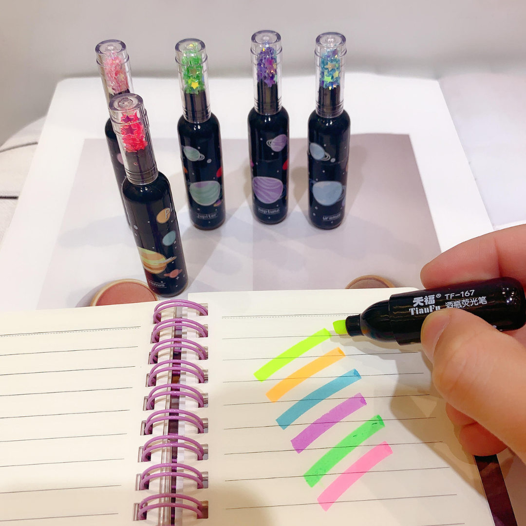 Bottle Shape - Space Theme Highlighter | Pastel Colours | Flat Tip | 6 pcs Colour Pack | Gift | School or Office