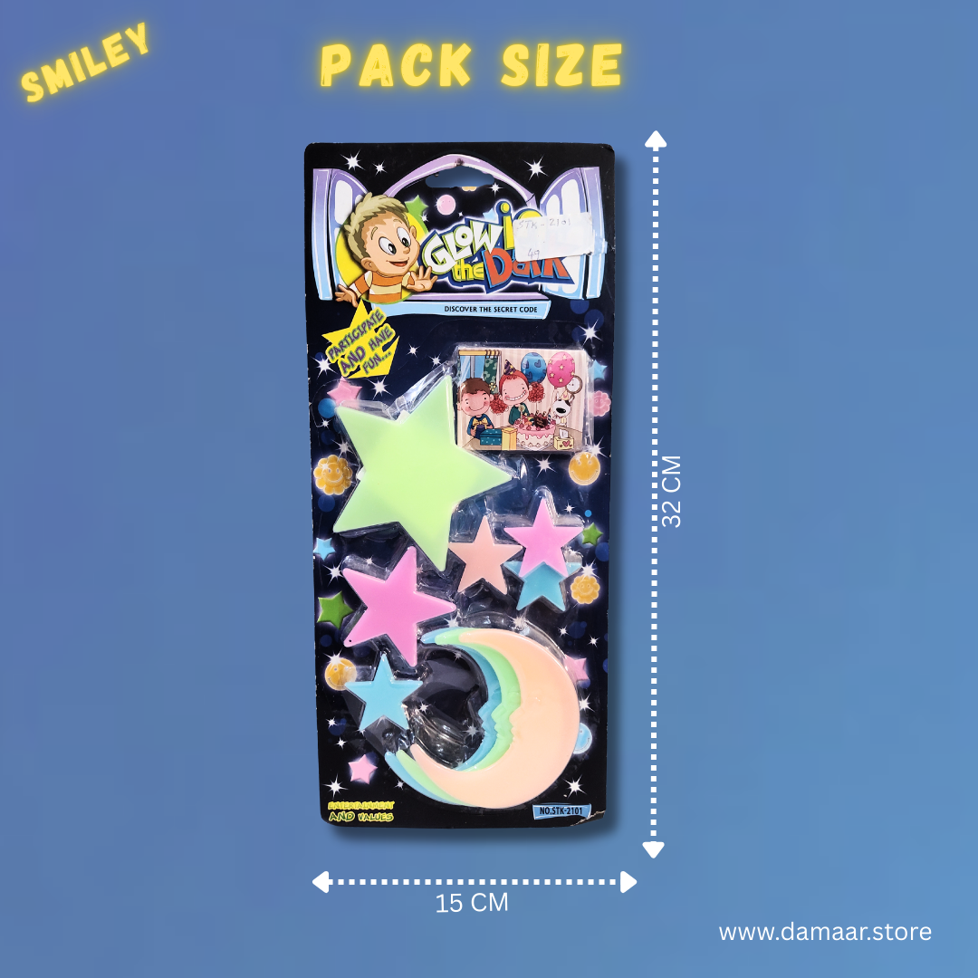 Smiley, Moon&Stars 3D Stickers | Glow In The Dark Stickers | Reusable | Decoration | Pack of 2