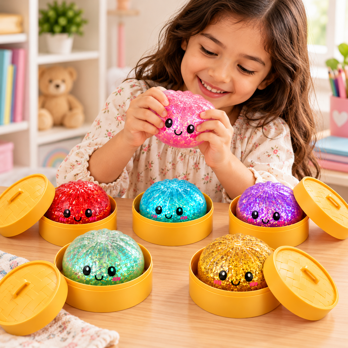 Glittery Dumpling Squishy Toy | with Steamer Basket Multicolour | Soft Squeeze Stress Relief Toy, Stretchable & Rebound