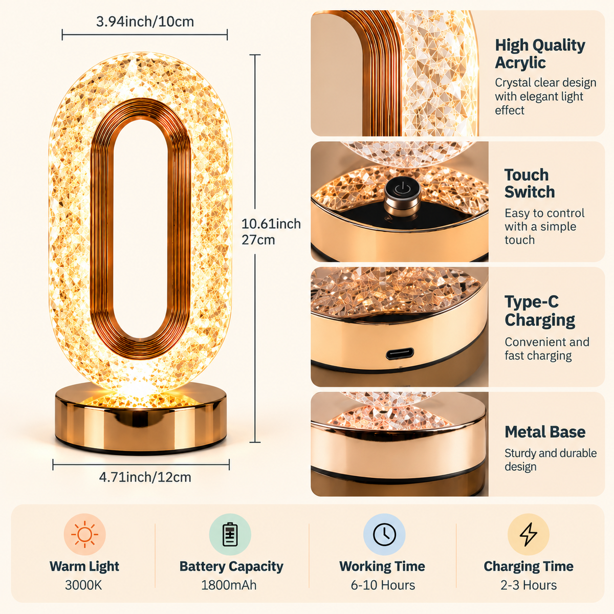 Oval Style LED Lamp | Crystal Acrylic Design | Warm Glow & Touch Control | Attractive Study Lamp or Bedside