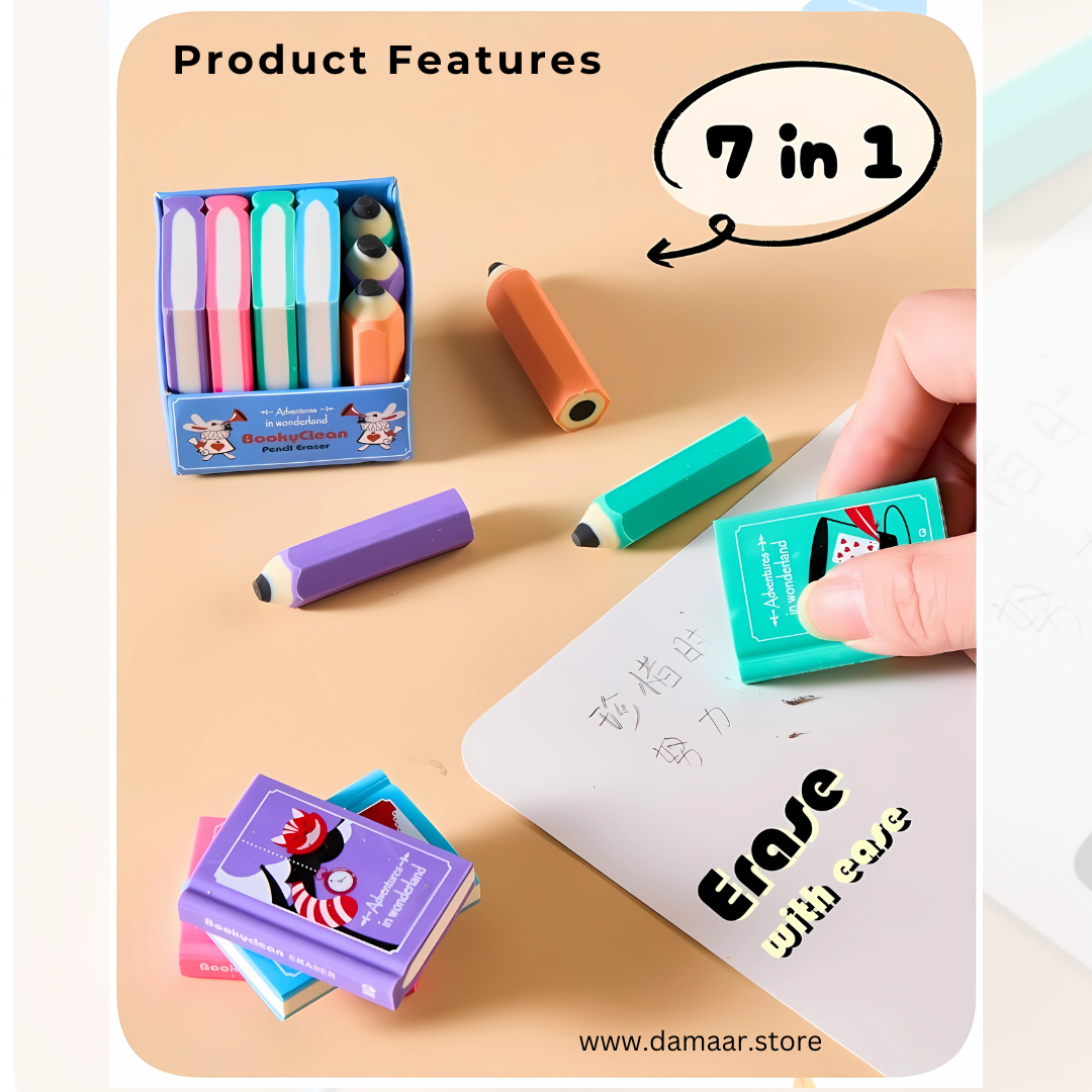BookyClean Eraser | 7 pcs Pack | Multi colour | Clean with Ease