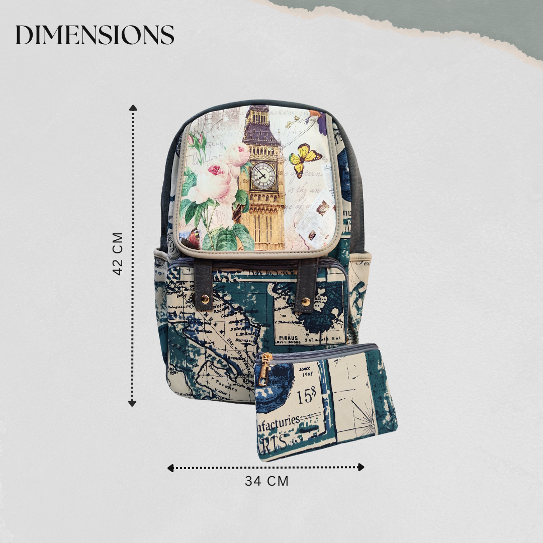 Adventure and Floral Backpack | Denim-Look Polyester Bag | With a Pencil Pouch