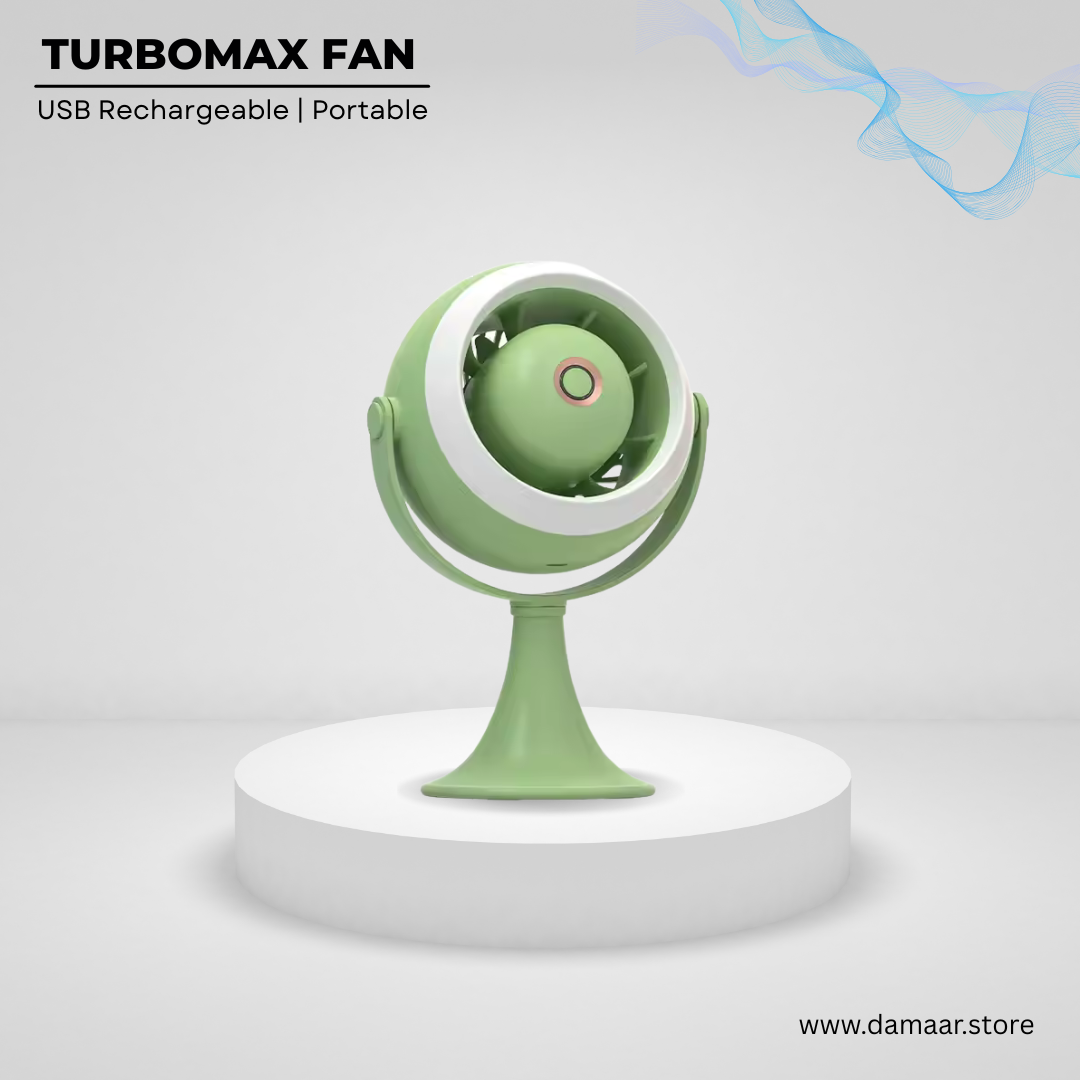 Turbomax Fan | USB Rechargeable | With Light | Three Speed Mode | Strong Wind | 360 Degree Rotate | Modern Design
