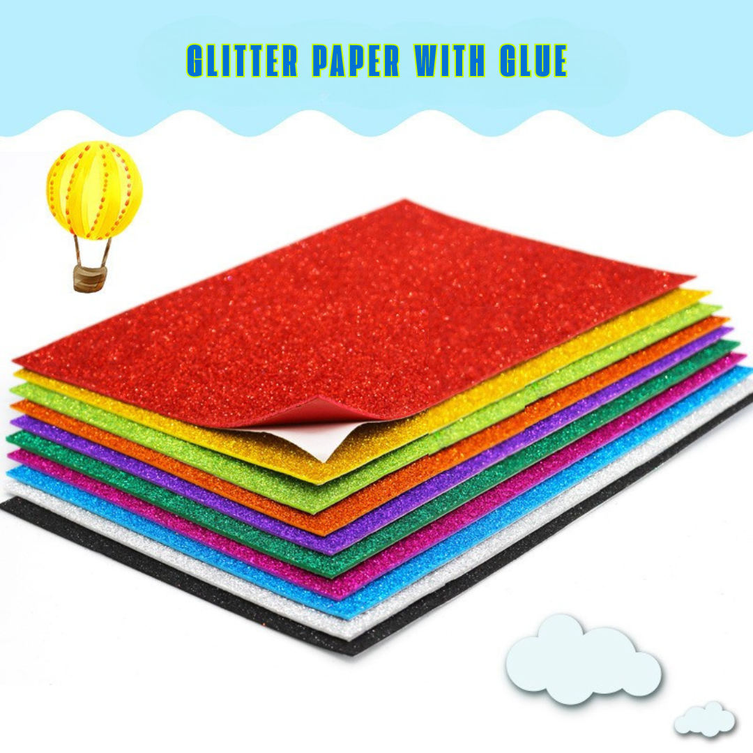 Dazzling Glitter Sheets | Self Adhesive sheets | Pack of 10 Colours | Easy to Cut and Shape | A4 Size