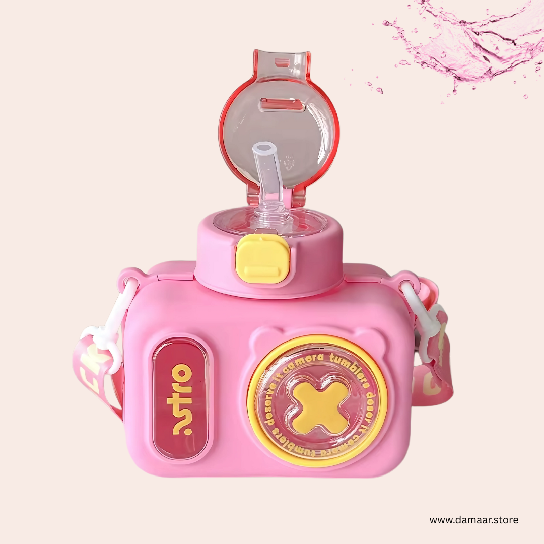 Cute Camera Water Bottle | 600 ML Capacity | Adjustable Shoulder Strap | Beautiful Colour | Gift for Kids