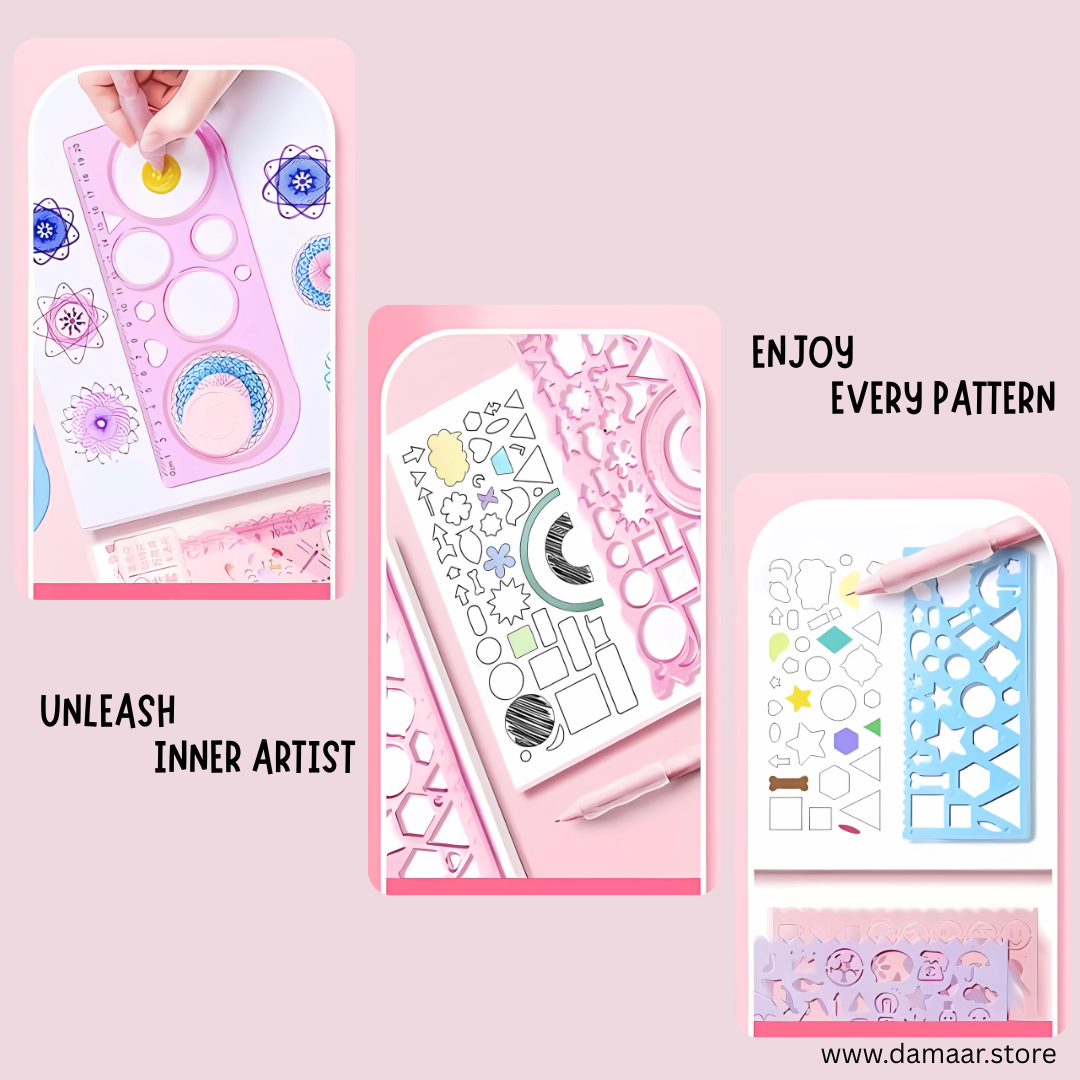 Doodle Buddy Drawing Ruler Set | Doodle Ruler | Variety of Design | 7+1 Set | 10 in 1 Colour Pen | Colourful
