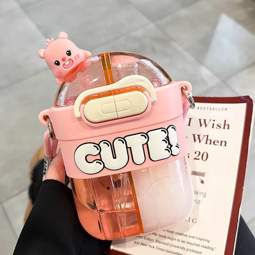 Cute Double Sipper Water Bottle | 700 ML Large Capacity | Adorable Bear Theme Design |