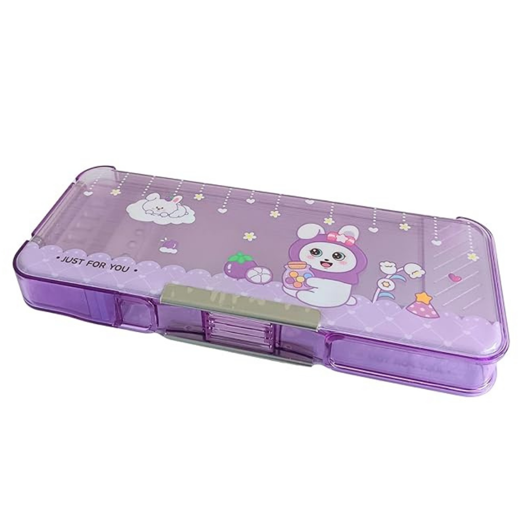 Transparent Multifunction Pencil Case | Cute Cartoon Stationery Organizer with Sharpener & Pencil Holder | Return Gift for Kids, Girls and Boys