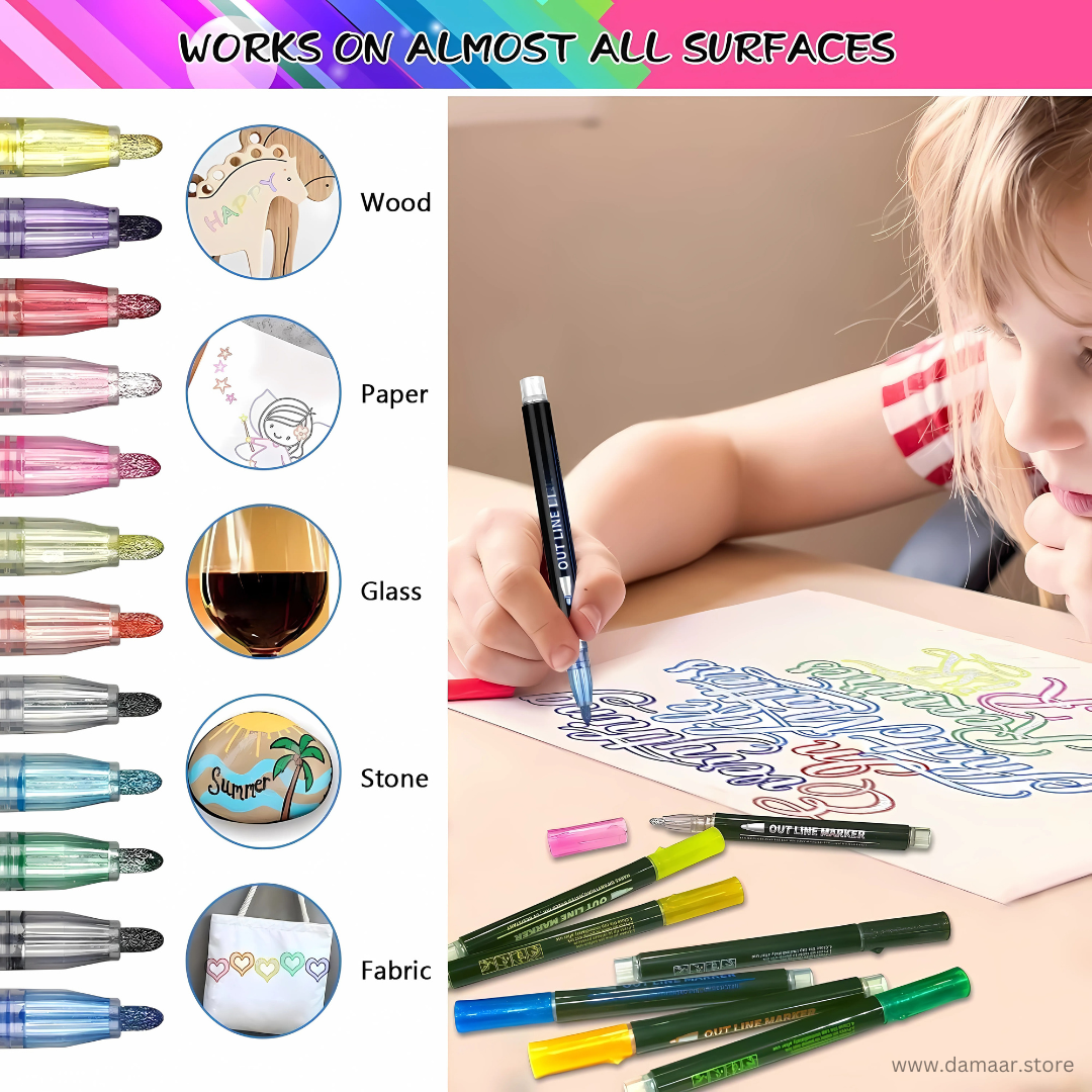 Outline Colour Pen | Double line - Metallic Glitter | Pack of 12 Colours | Art & Craft