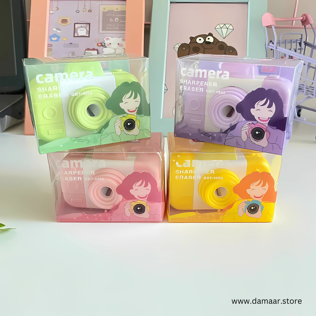 3 in 1 Camera Sharpener | With Eraser & Dust Cleaner | Cute and Handy | Pack of any 2 Colours