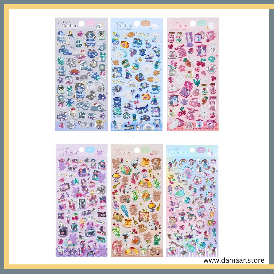 Sparkle Stickers | 6 Sheets Pack | Puffy Stickers | Variety of Style | Multi-Colour