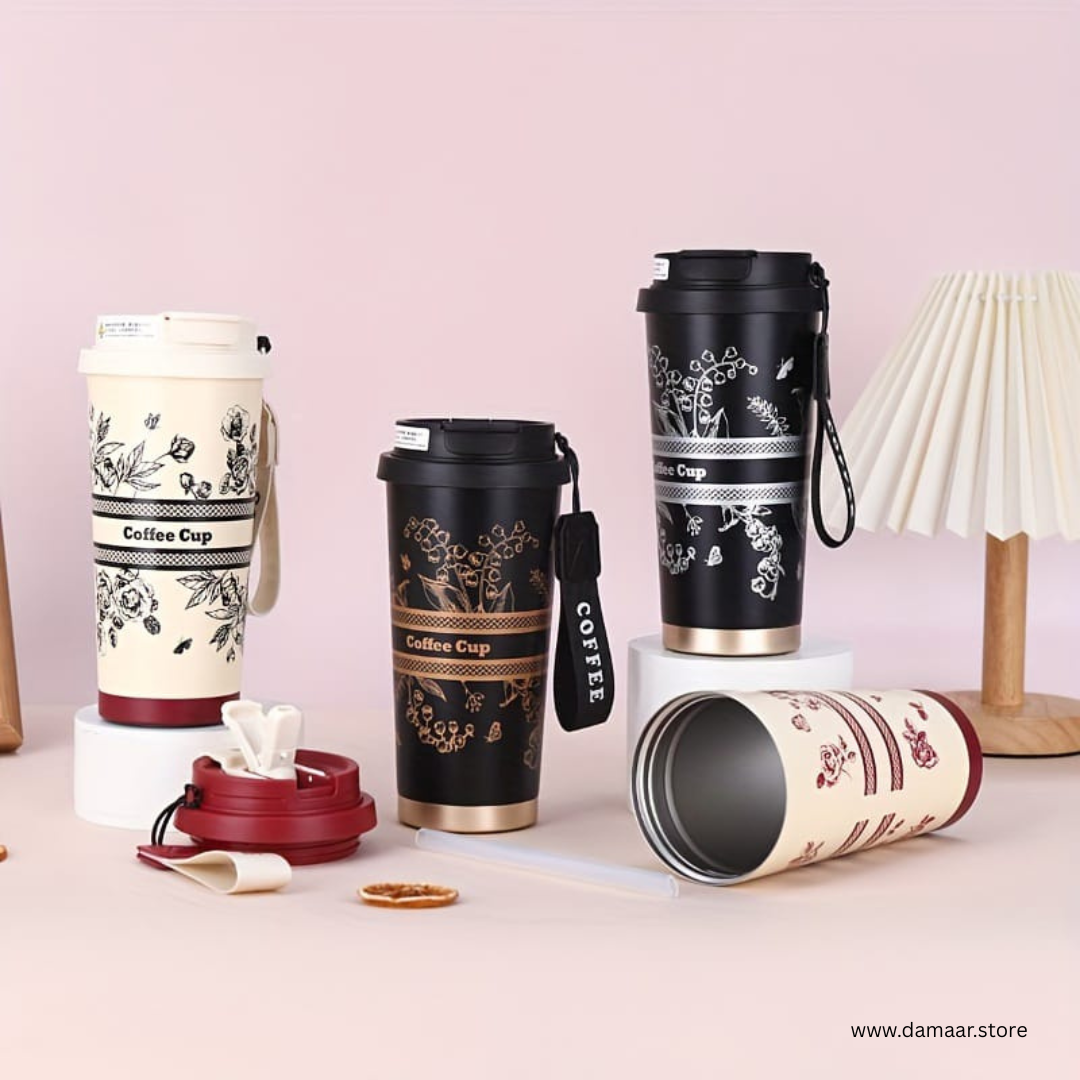 Elegant Coffee Cup | 3 Ways to Drink | 500 ML Capacity | Double Wall Stainless Steel | Leak Proof