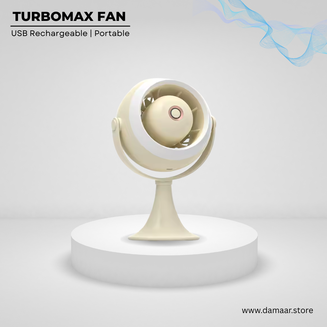 Turbomax Fan | USB Rechargeable | With Light | Three Speed Mode | Strong Wind | 360 Degree Rotate | Modern Design