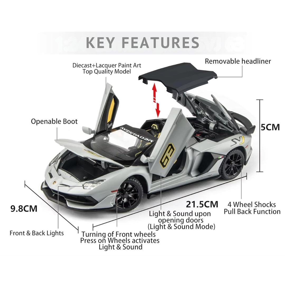 Lamborghini Aventador Car | 1:24 Large Size | Die Cast Metal Pull Back | Openable Doors | Lights and Music | Premium and Rich Look
