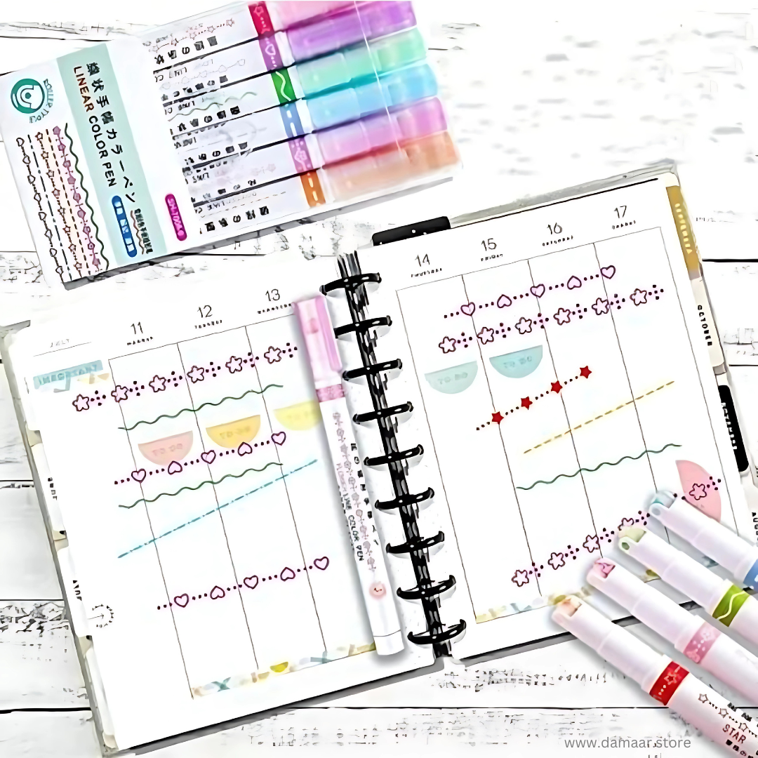 Multicolor Linear Roller Pen | 6 Styles - 6 Colours Pack