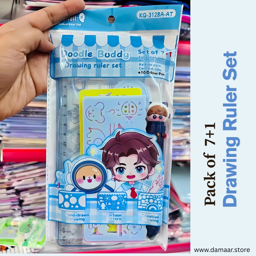 Doodle Buddy Drawing Ruler Set | Doodle Ruler | Variety of Design | 7+1 Set | 10 in 1 Colour Pen | Colourful