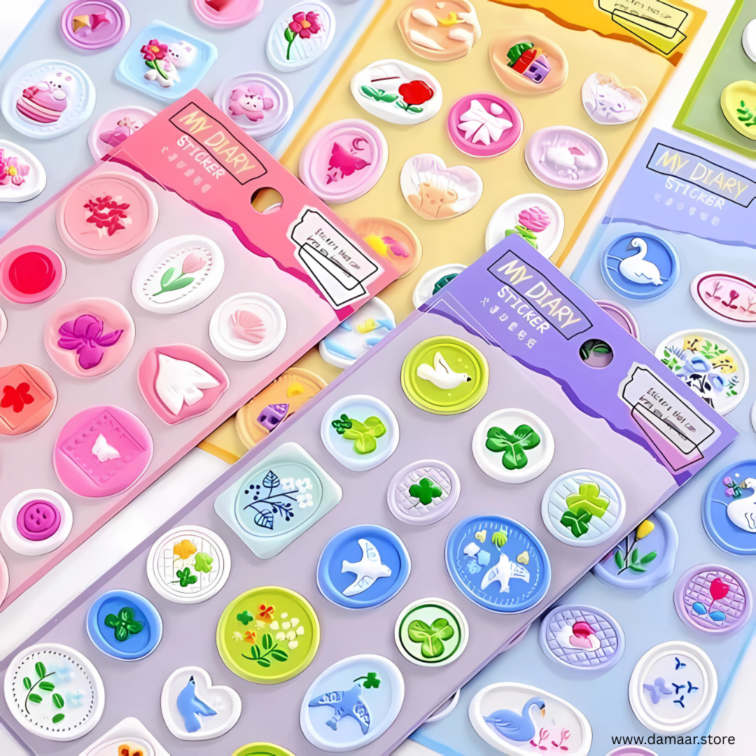 Seal Stamp Stickers | 3D Puffy - PVC | Pack of 6 Different Design | 108 Stickers | Many Styles
