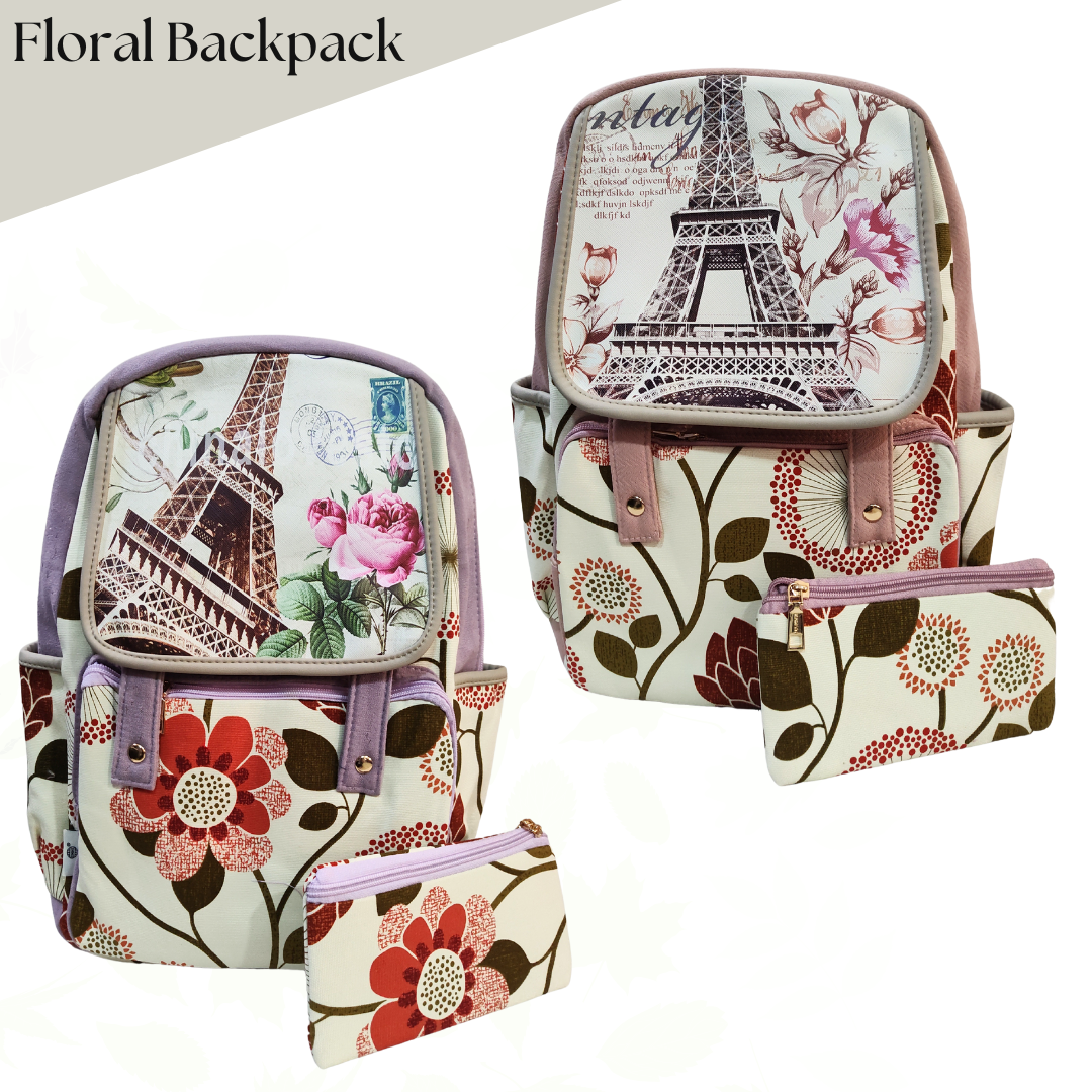 Adventure and Floral Backpack | Denim-Look Polyester Bag | With a Pencil Pouch