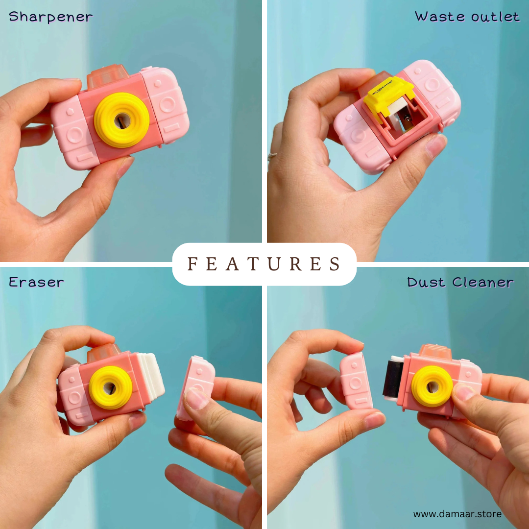 3 in 1 Camera Sharpener | With Eraser & Dust Cleaner | Cute and Handy | Pack of any 2 Colours