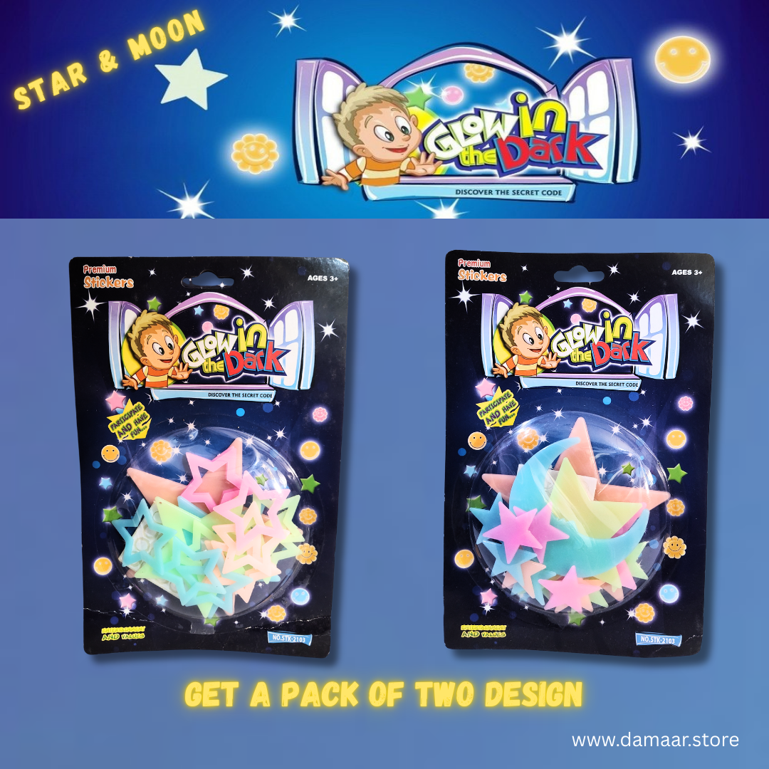 Smiley, Moon&Stars 3D Stickers | Glow In The Dark Stickers | Reusable | Decoration | Pack of 2