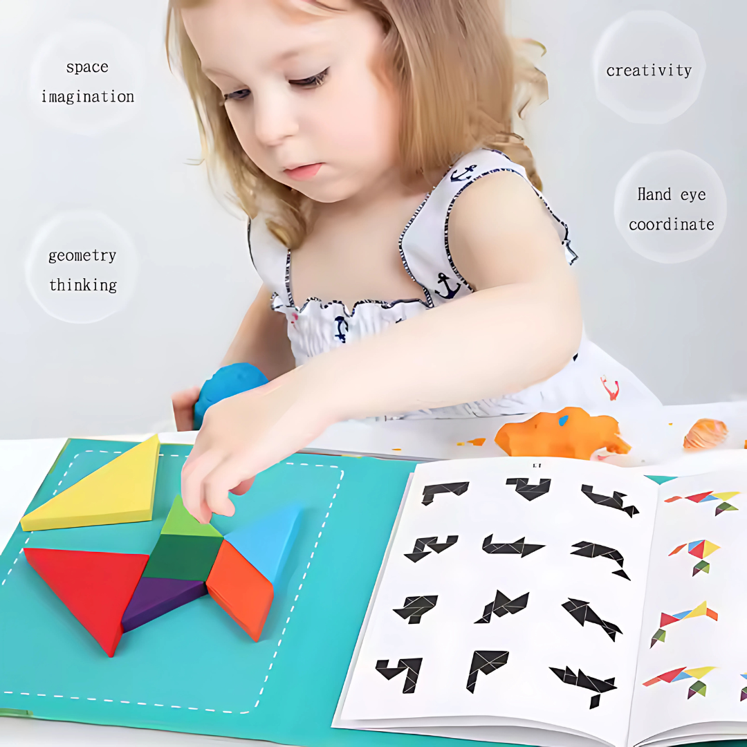 Magnetic Tangram Woodiness | Educational Puzzle | Brain Booster | Geometry Thinking | Child 3 years & Above | Random Colour