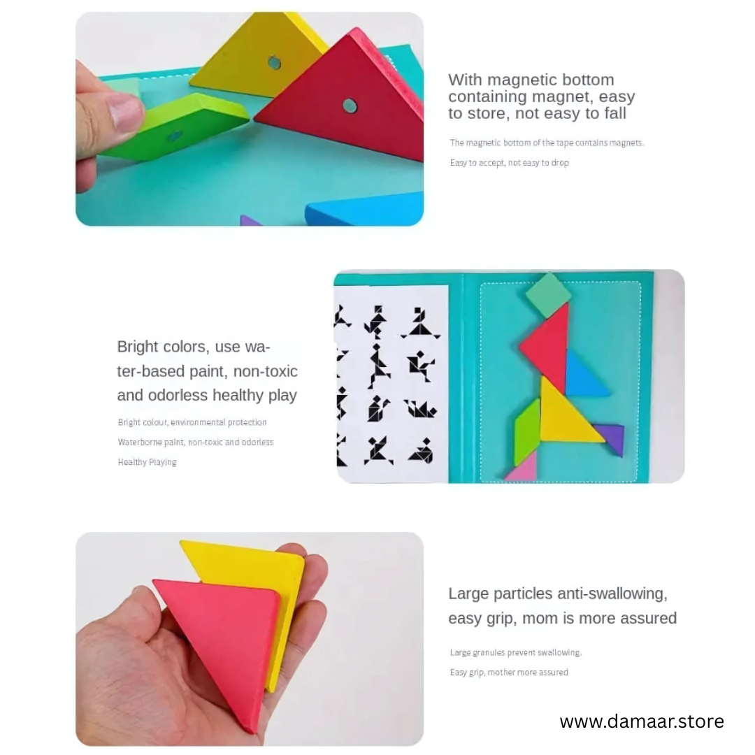 Magnetic Tangram Woodiness | Educational Puzzle | Brain Booster | Geometry Thinking | Child 3 years & Above | Random Colour