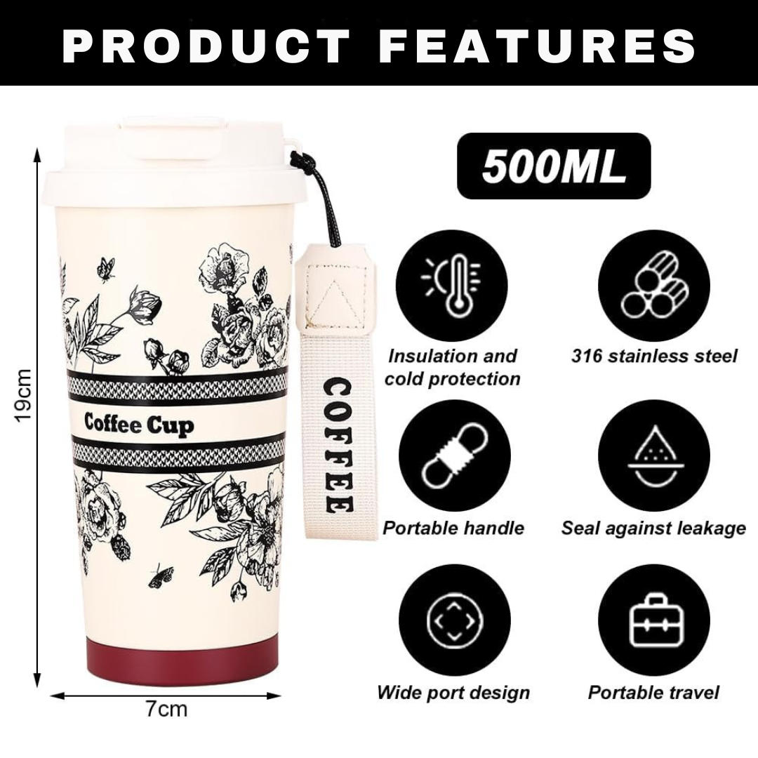 Elegant Coffee Cup | 3 Ways to Drink | 500 ML Capacity | Double Wall Stainless Steel | Leak Proof