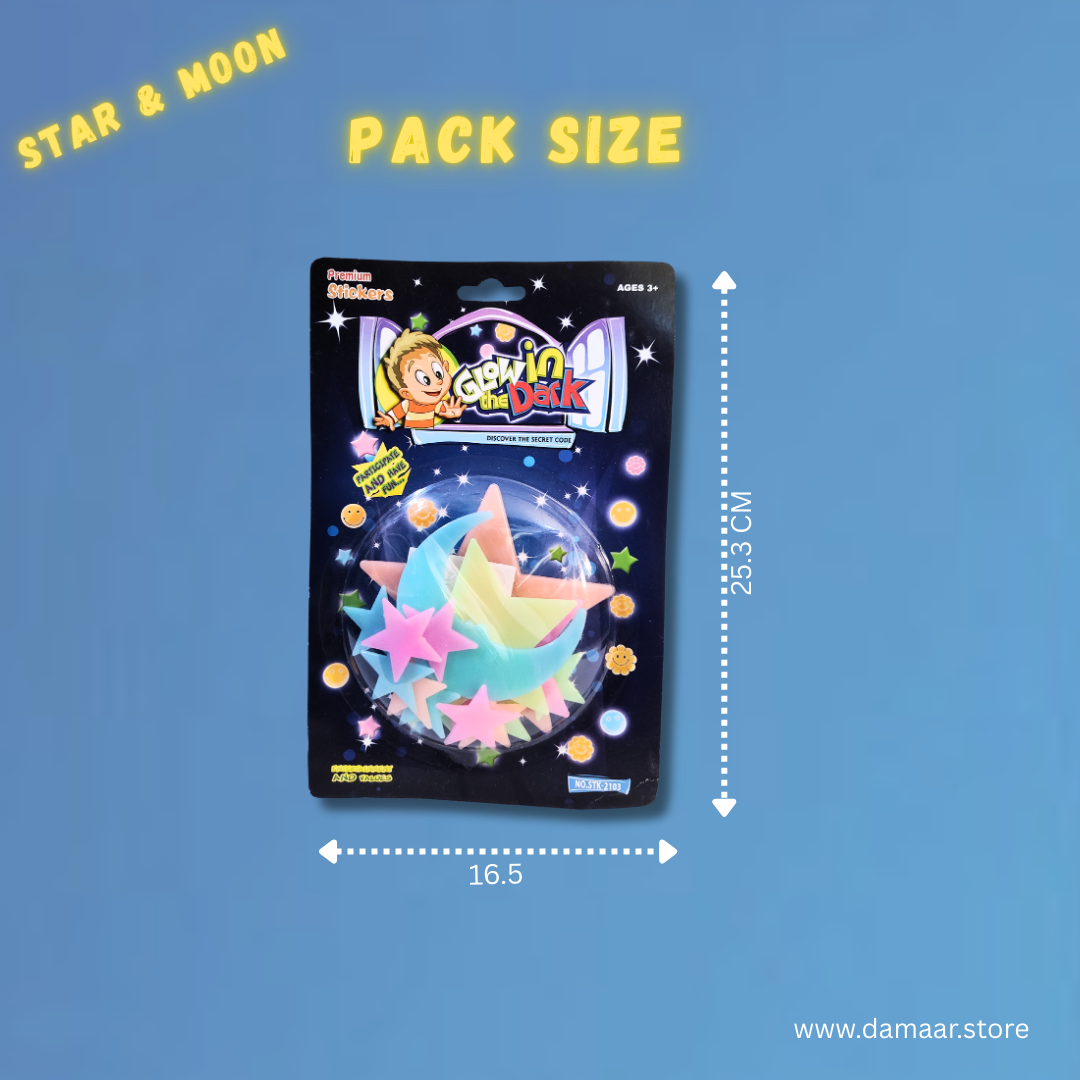 Smiley, Moon&Stars 3D Stickers | Glow In The Dark Stickers | Reusable | Decoration | Pack of 2