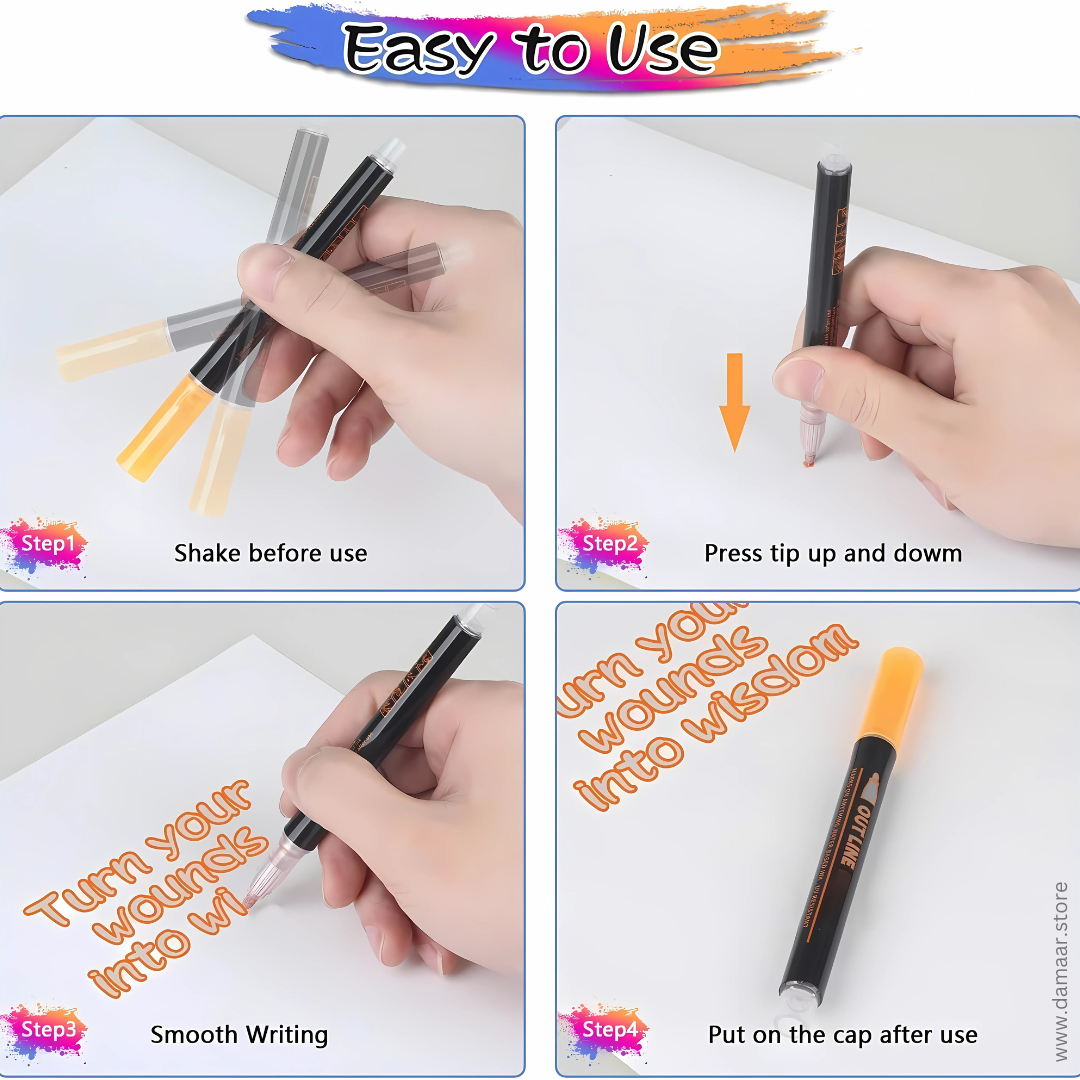Outline Colour Pen | Double line - Metallic Glitter | Pack of 12 Colours | Art & Craft