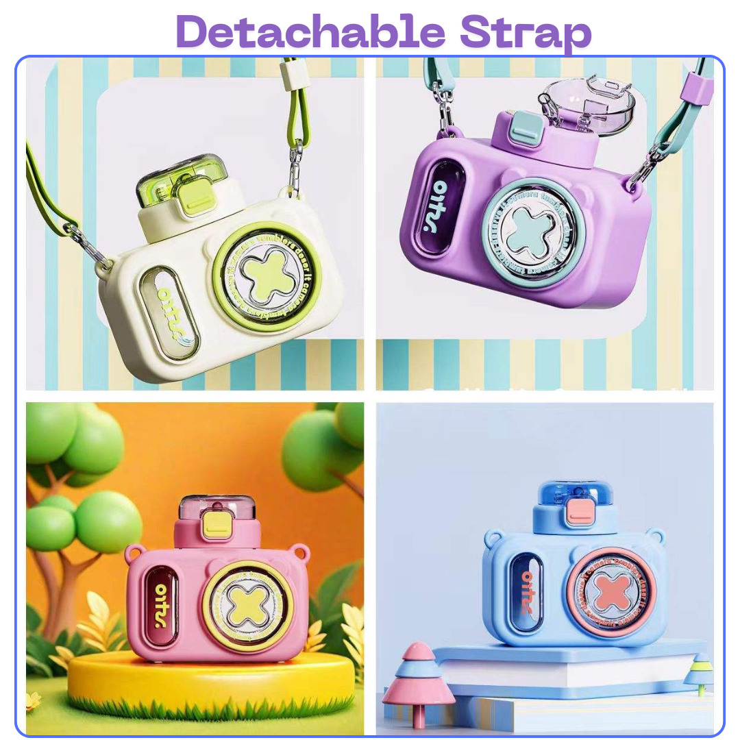Cute Camera Water Bottle | 600 ML Capacity | Adjustable Shoulder Strap | Beautiful Colour | Gift for Kids