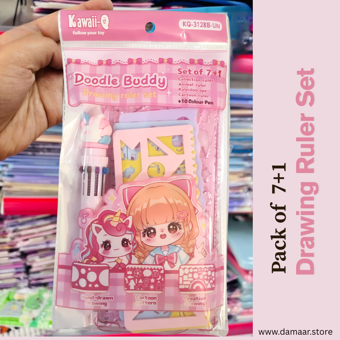 Doodle Buddy Drawing Ruler Set | Doodle Ruler | Variety of Design | 7+1 Set | 10 in 1 Colour Pen | Colourful