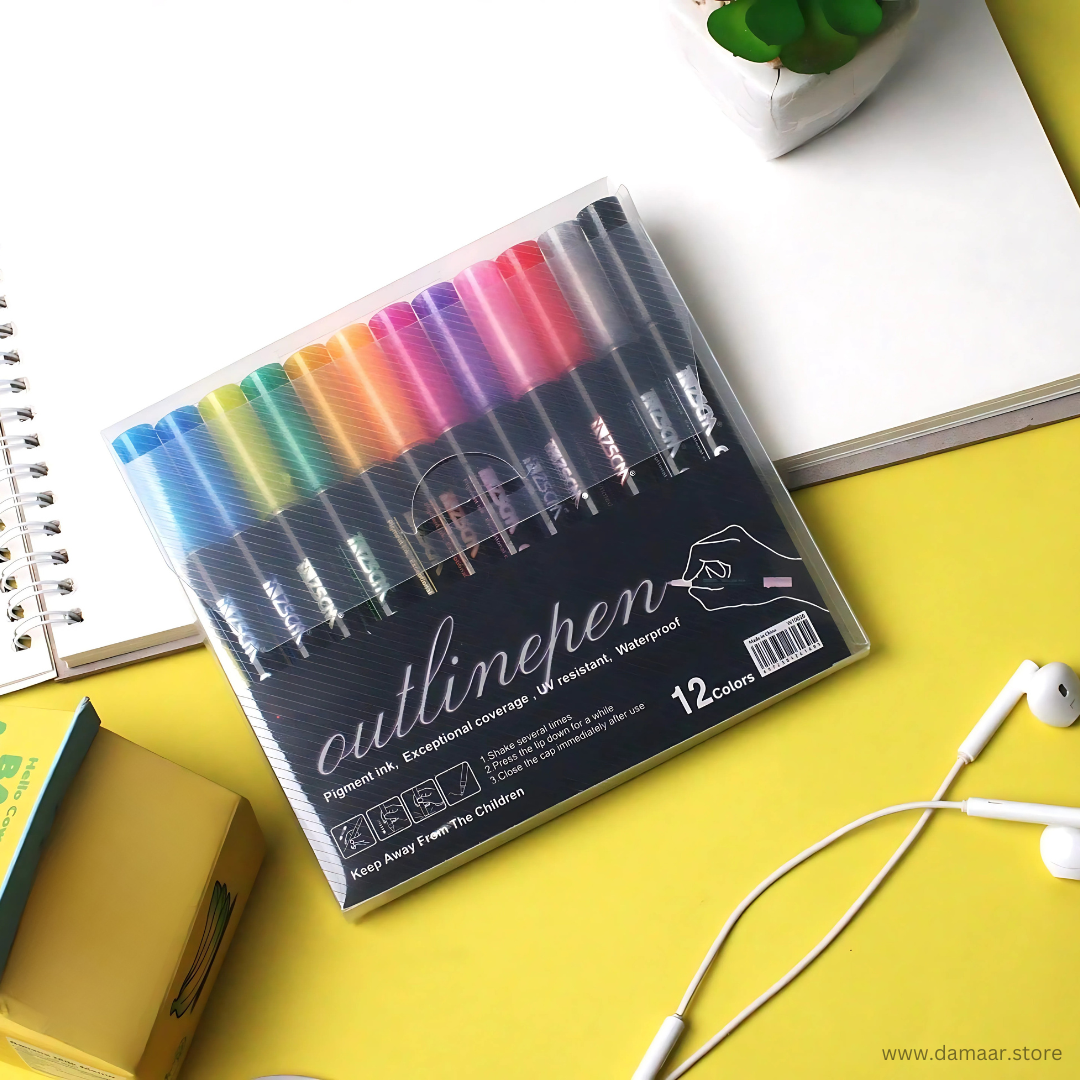 Outline Colour Pen | Double line - Metallic Glitter | Pack of 12 Colours | Art & Craft