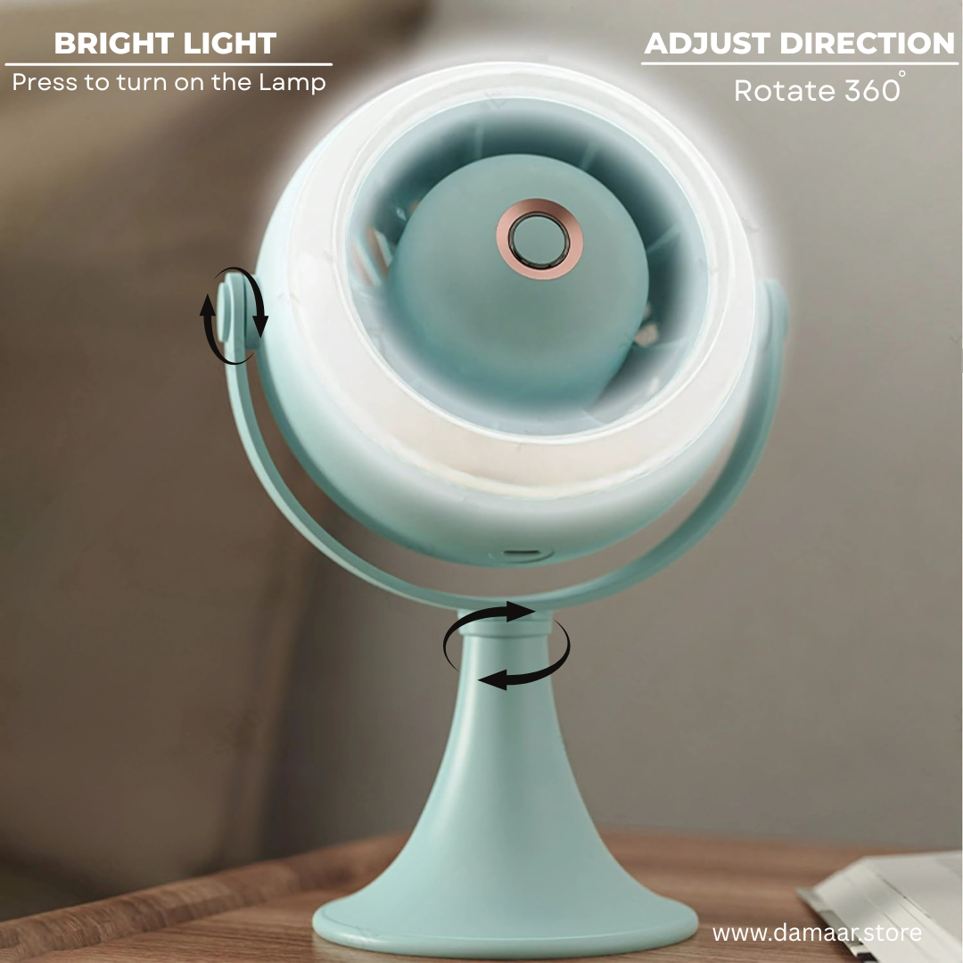 Turbomax Fan | USB Rechargeable | With Light | Three Speed Mode | Strong Wind | 360 Degree Rotate | Modern Design