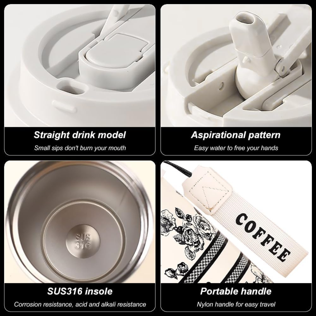 Elegant Coffee Cup | 3 Ways to Drink | 500 ML Capacity | Double Wall Stainless Steel | Leak Proof