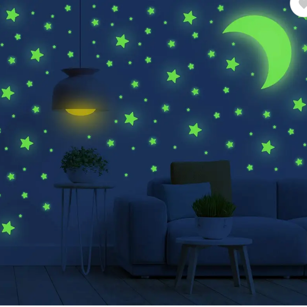 Smiley, Moon&Stars 3D Stickers | Glow In The Dark Stickers | Reusable | Decoration | Pack of 2
