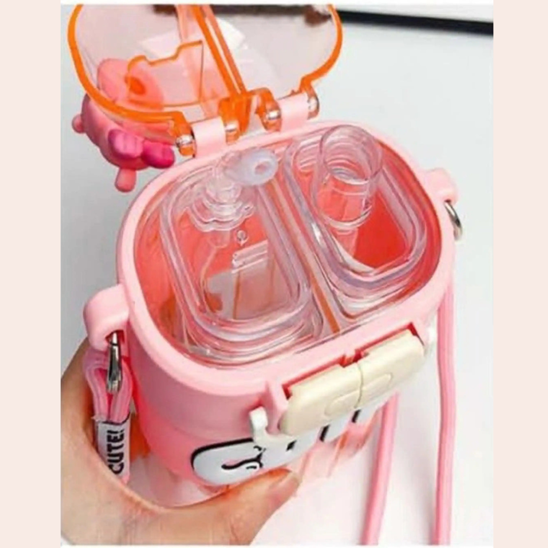 Cute Double Sipper Water Bottle | 700 ML Large Capacity | Adorable Bear Theme Design |