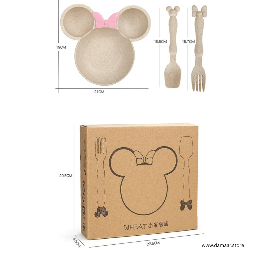 Micky Plate with Bowl | With Cutlery Set | Bamboo Fiber | Easy to Clean | Smooth and Soft Edges | for Kids